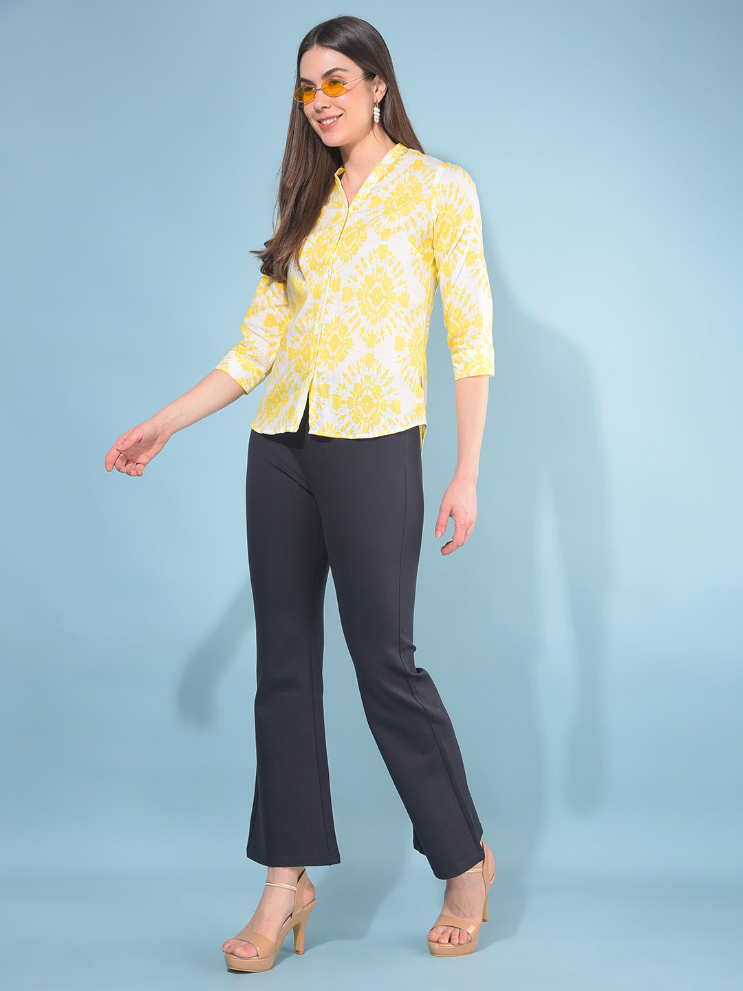 Yellow Floral Print Linen Shirt-Women Shirts-Crimsoune Club