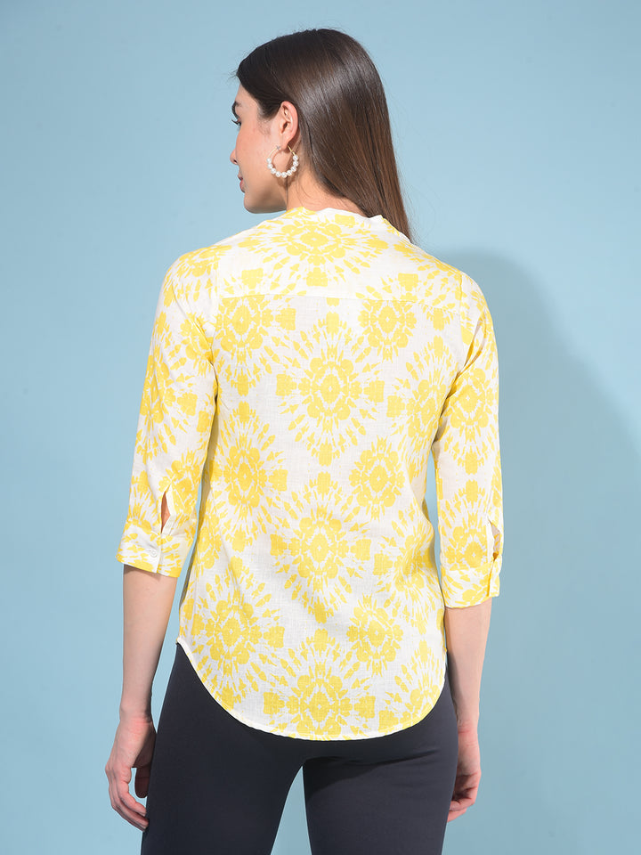 Yellow Floral Print Linen Shirt-Women Shirts-Crimsoune Club