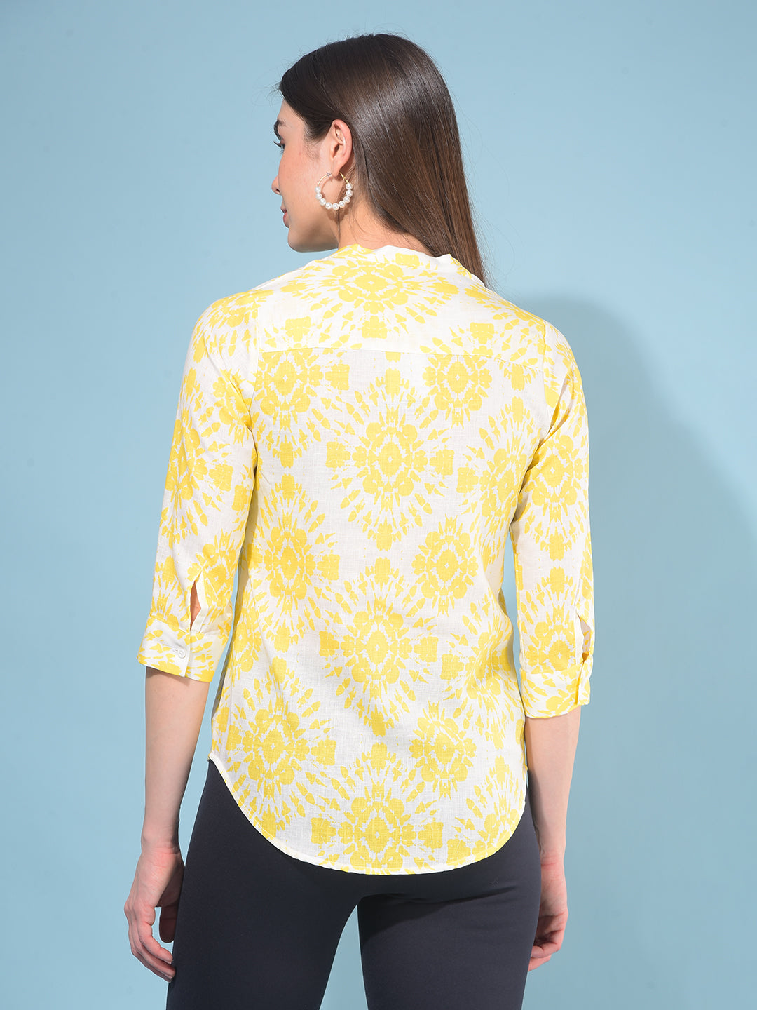 Yellow Floral Print Linen Shirt-Women Shirts-Crimsoune Club