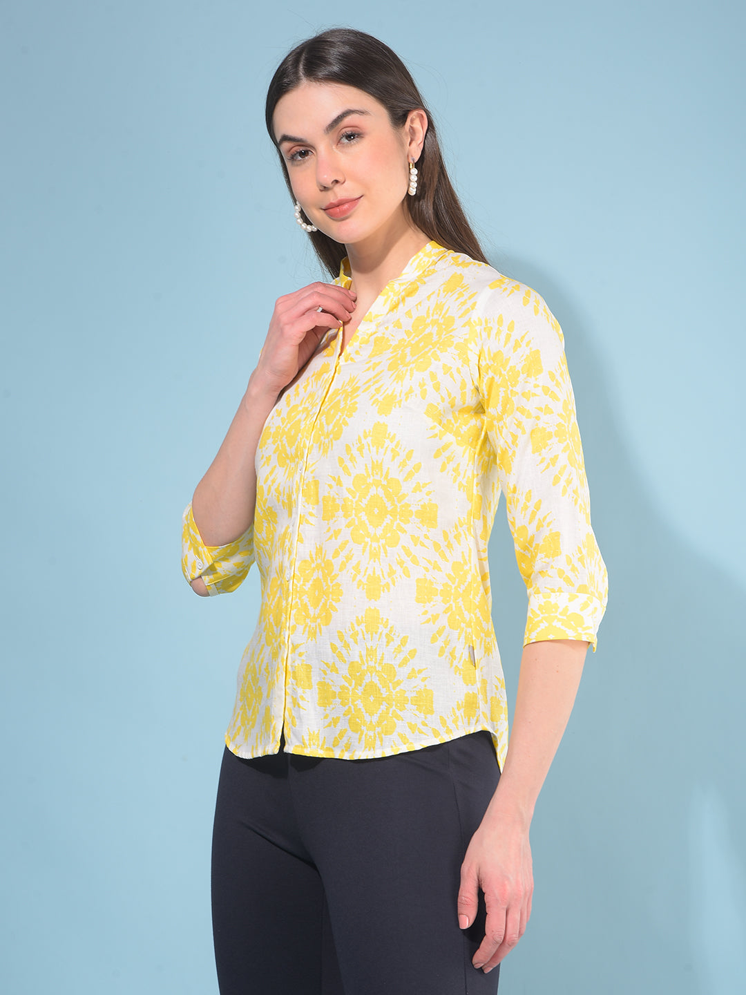 Yellow Floral Print Linen Shirt-Women Shirts-Crimsoune Club