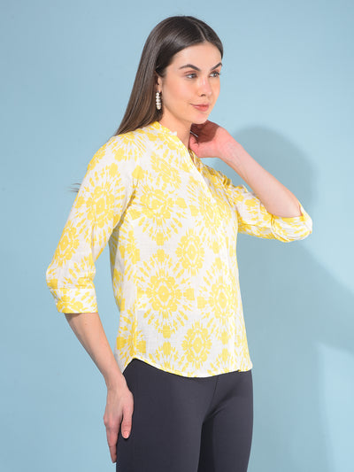 Yellow Floral Print Linen Shirt-Women Shirts-Crimsoune Club