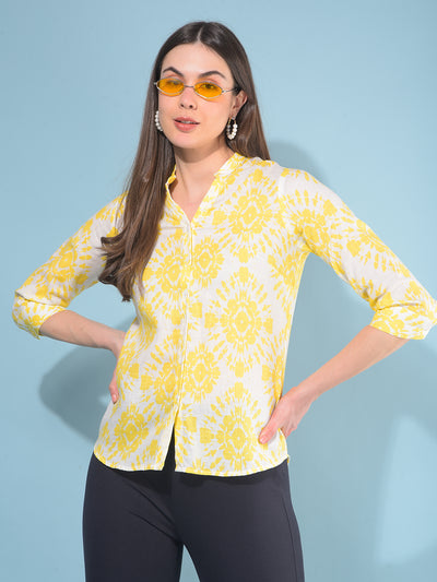 Yellow Floral Print Linen Shirt-Women Shirts-Crimsoune Club