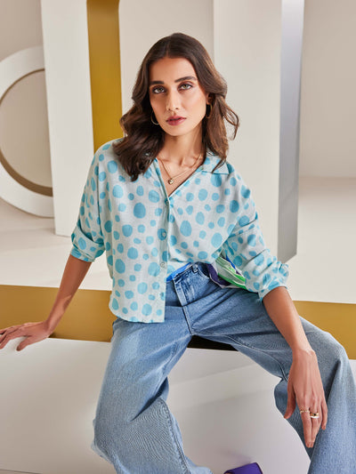 Blue Polka Dot Shirt-Women Shirts-Crimsoune Club