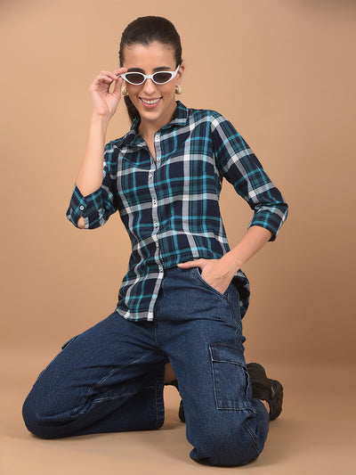 Blue Checked Shirt-Women Shirts-Crimsoune Club