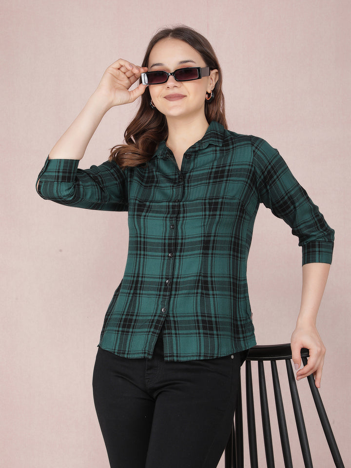 Green Checked Shirt-Women Shirts-Crimsoune Club