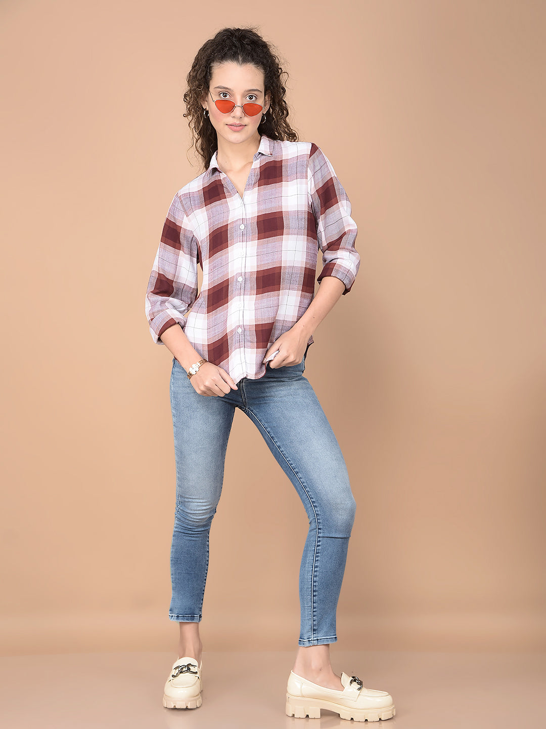 Brown Checked 100% Lyocell Shirt-Women Shirts-Crimsoune Club