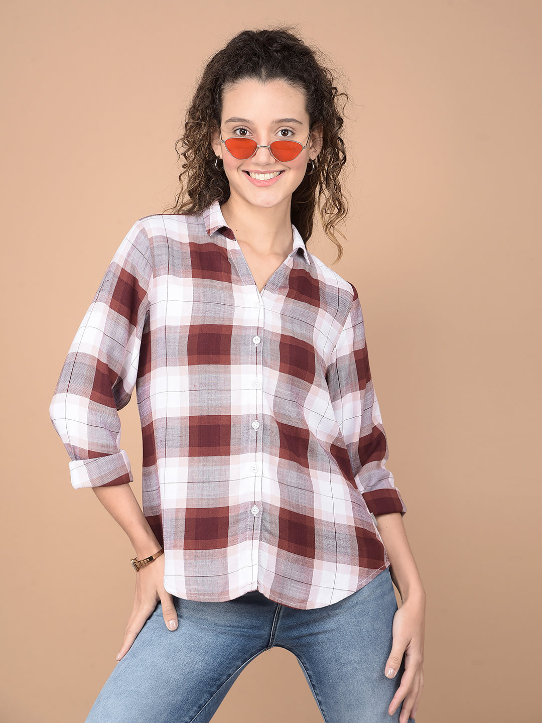 Brown Checked 100% Lyocell Shirt-Women Shirts-Crimsoune Club