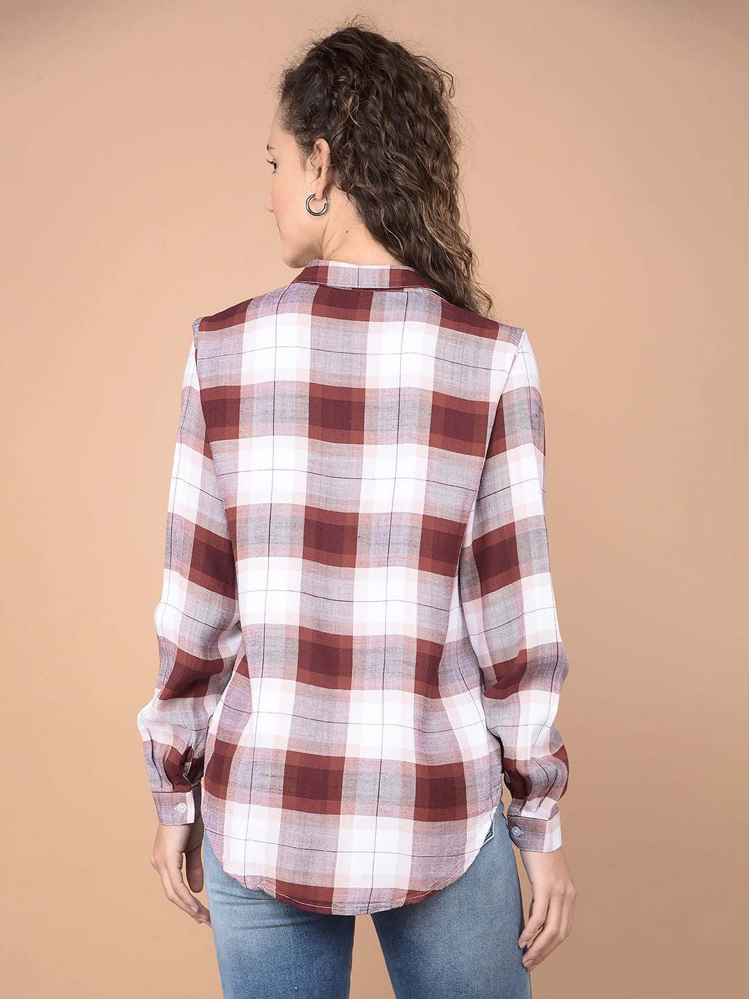 Brown Checked 100% Lyocell Shirt-Women Shirts-Crimsoune Club