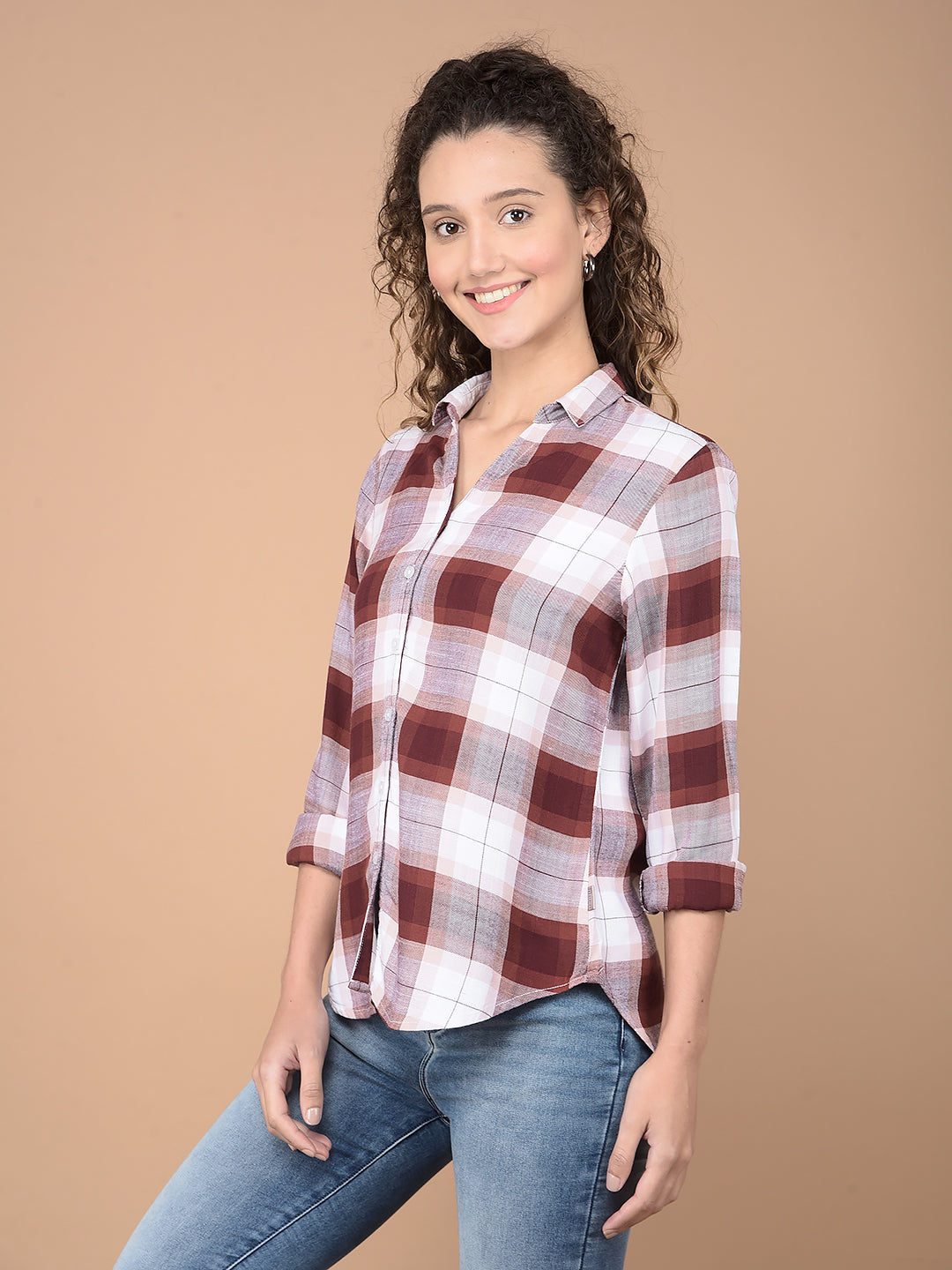 Brown Checked 100% Lyocell Shirt-Women Shirts-Crimsoune Club