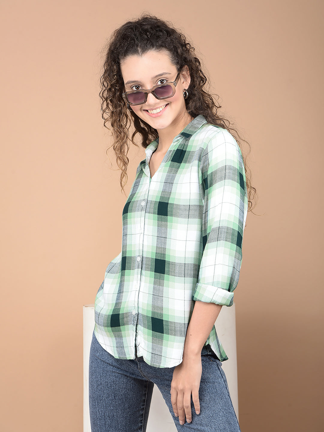 Green Checked 100% Lyocell Shirt-Women Shirts-Crimsoune Club