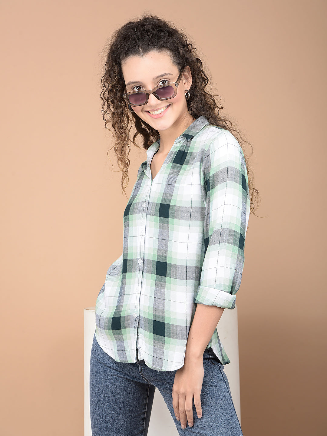 Green Checked 100% Lyocell Shirt-Women Shirts-Crimsoune Club
