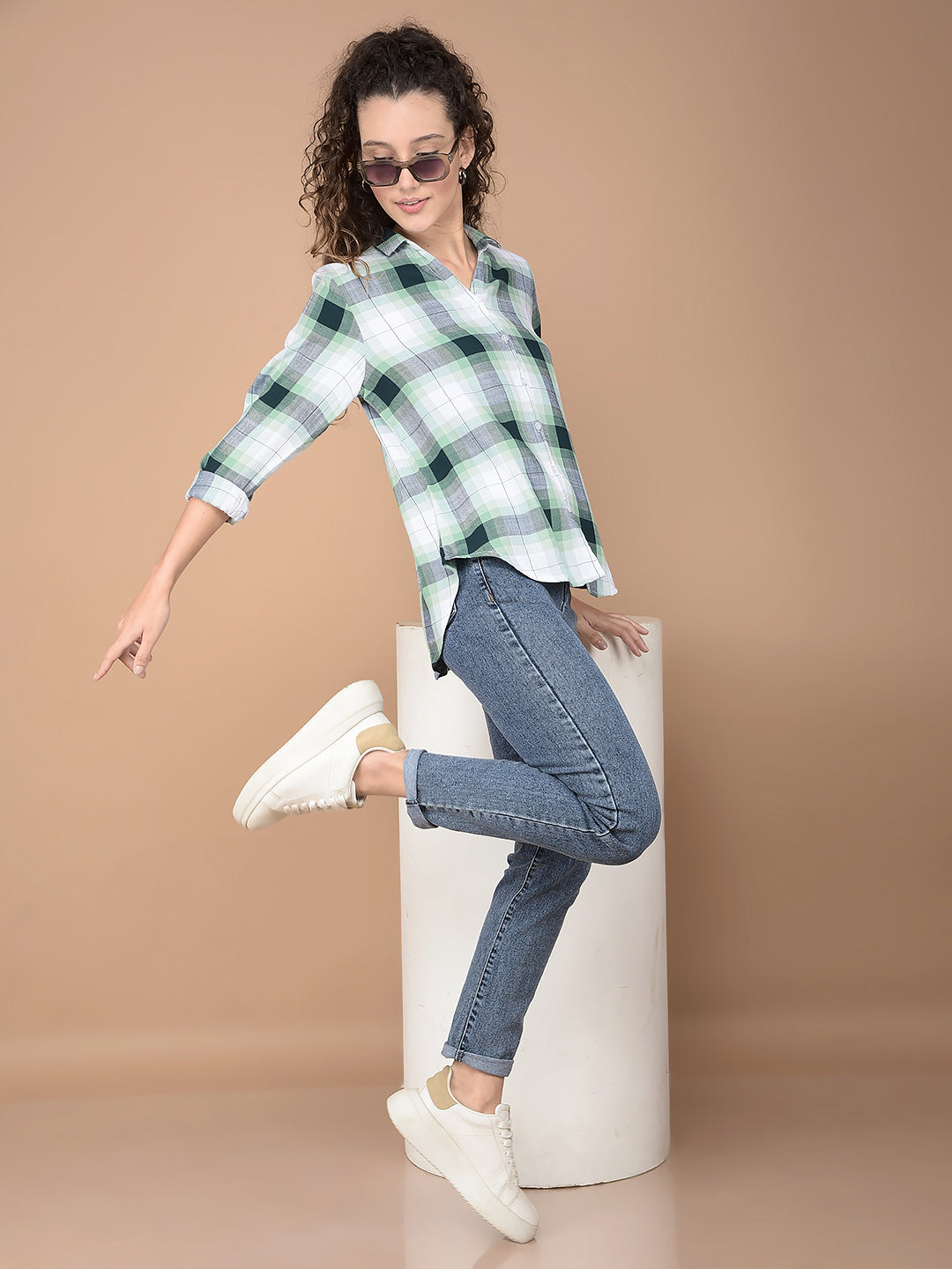 Green Checked 100% Lyocell Shirt-Women Shirts-Crimsoune Club