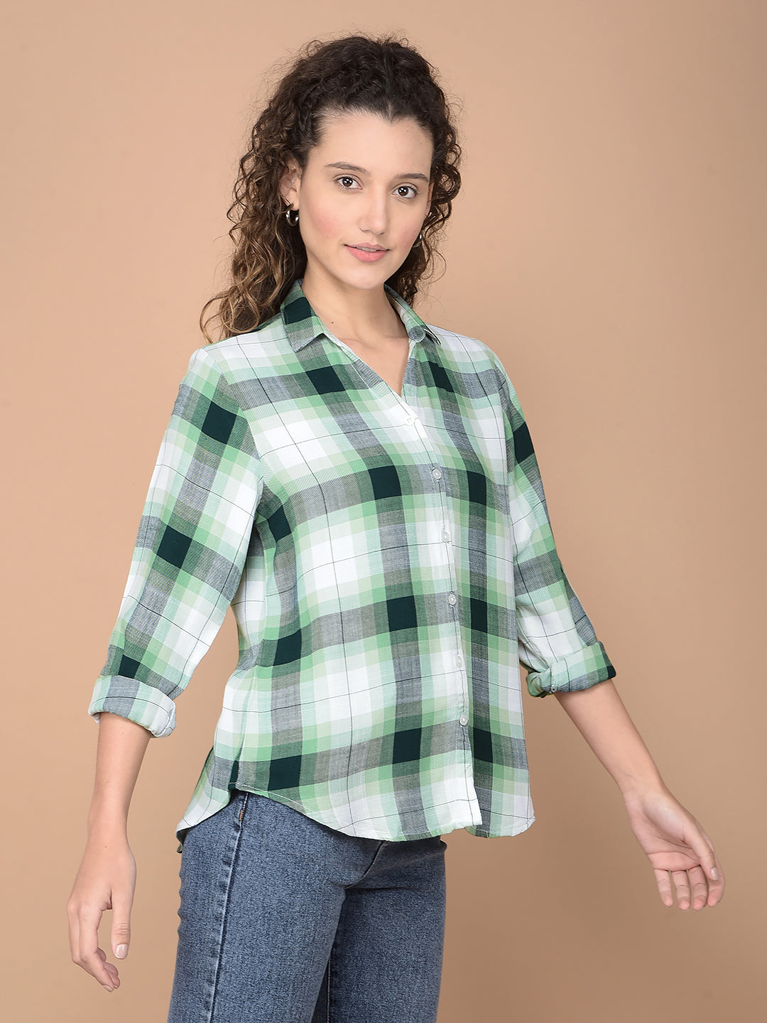 Green Checked 100% Lyocell Shirt-Women Shirts-Crimsoune Club