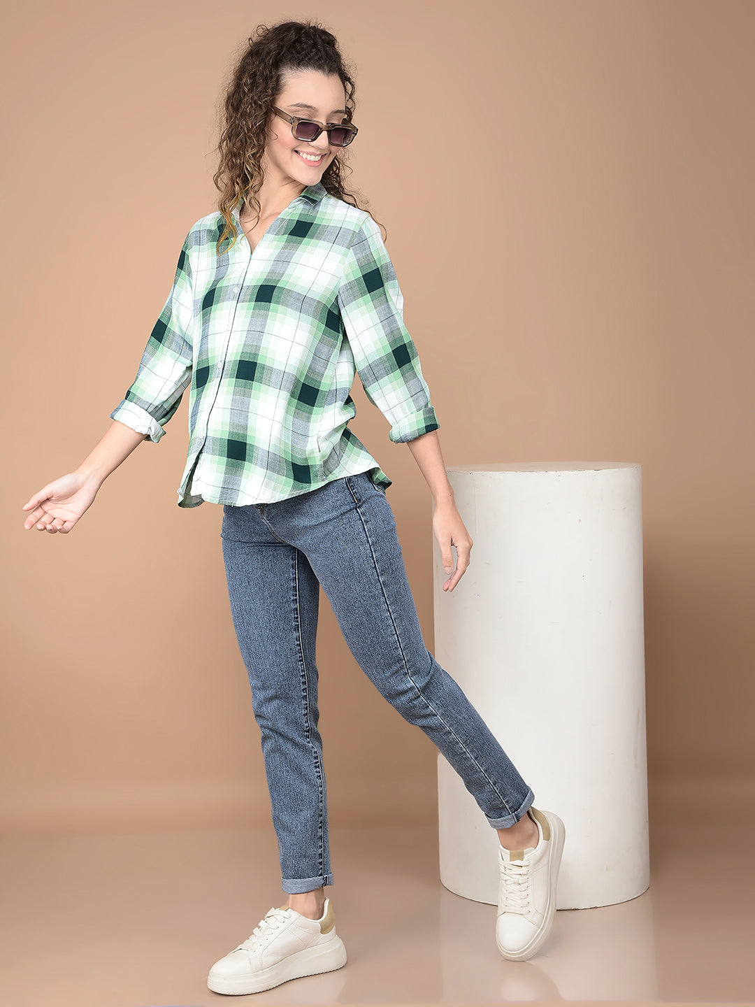 Green Checked 100% Lyocell Shirt-Women Shirts-Crimsoune Club