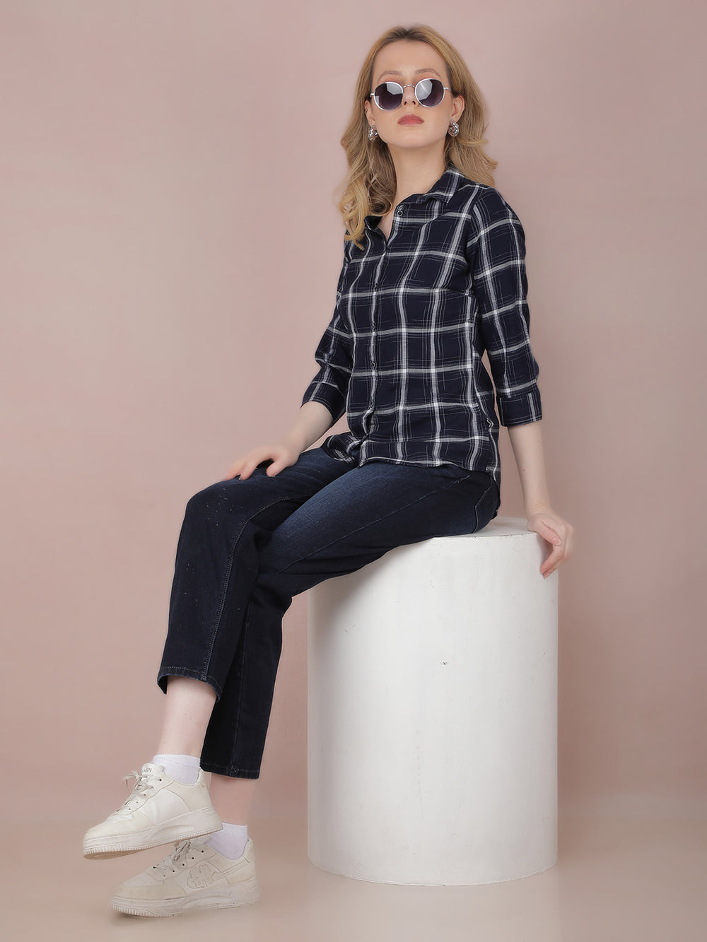 Navy Blue Checked Shirt-Women Shirts-Crimsoune Club