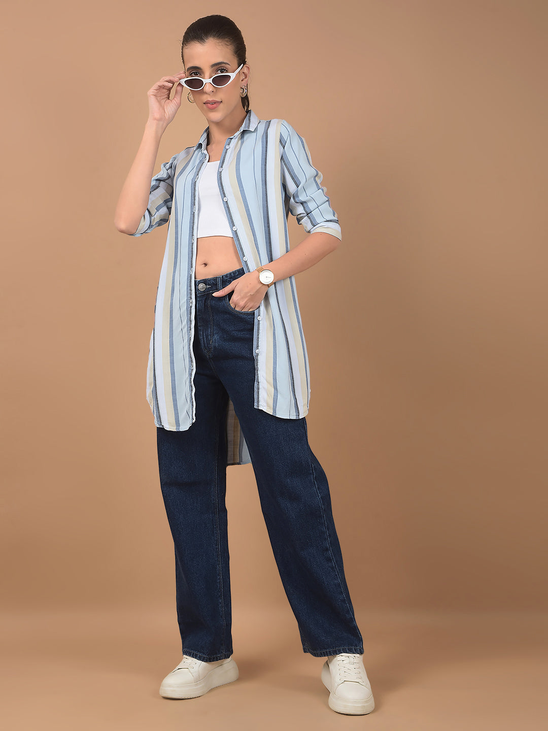 Blue Vertical Stripes Long-Length Shirt-Women Shirts-Crimsoune Club