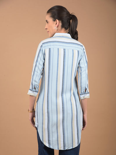 Blue Vertical Stripes Long-Length Shirt-Women Shirts-Crimsoune Club