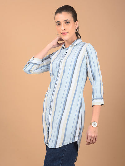 Blue Vertical Stripes Long-Length Shirt-Women Shirts-Crimsoune Club