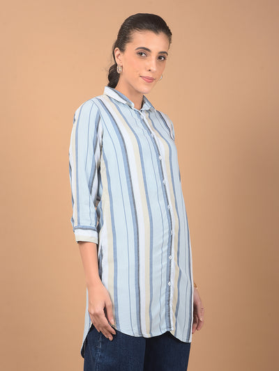 Blue Vertical Stripes Long-Length Shirt-Women Shirts-Crimsoune Club