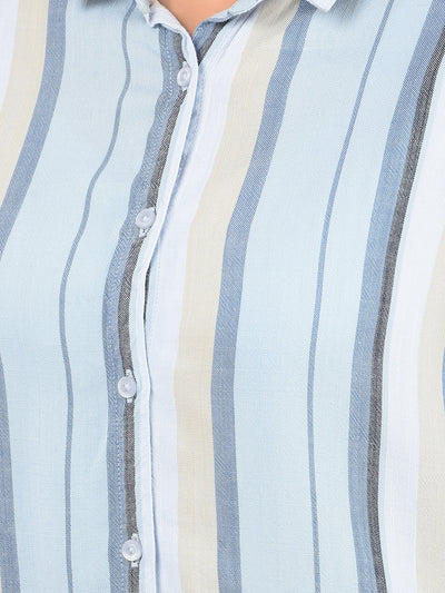 Blue Vertical Stripes Long-Length Shirt-Women Shirts-Crimsoune Club