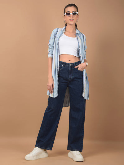 Blue Vertical Stripes Long-Length Shirt-Women Shirts-Crimsoune Club