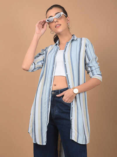 Blue Vertical Stripes Long-Length Shirt-Women Shirts-Crimsoune Club