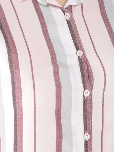 Peach Vertical Stripes Long Shirt-Women Shirts-Crimsoune Club