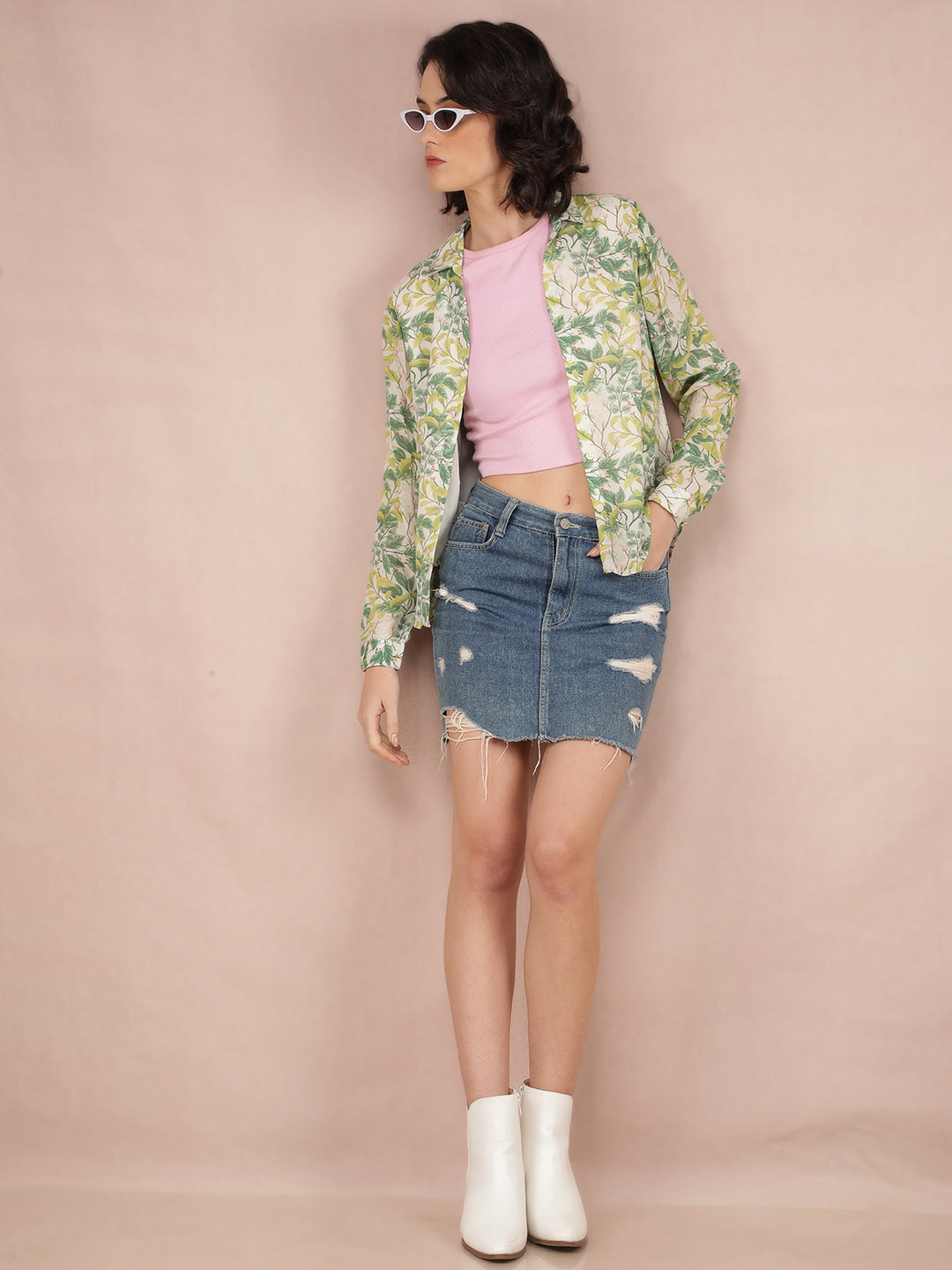 Green Floral Print Shirt-Women Shirts-Crimsoune Club