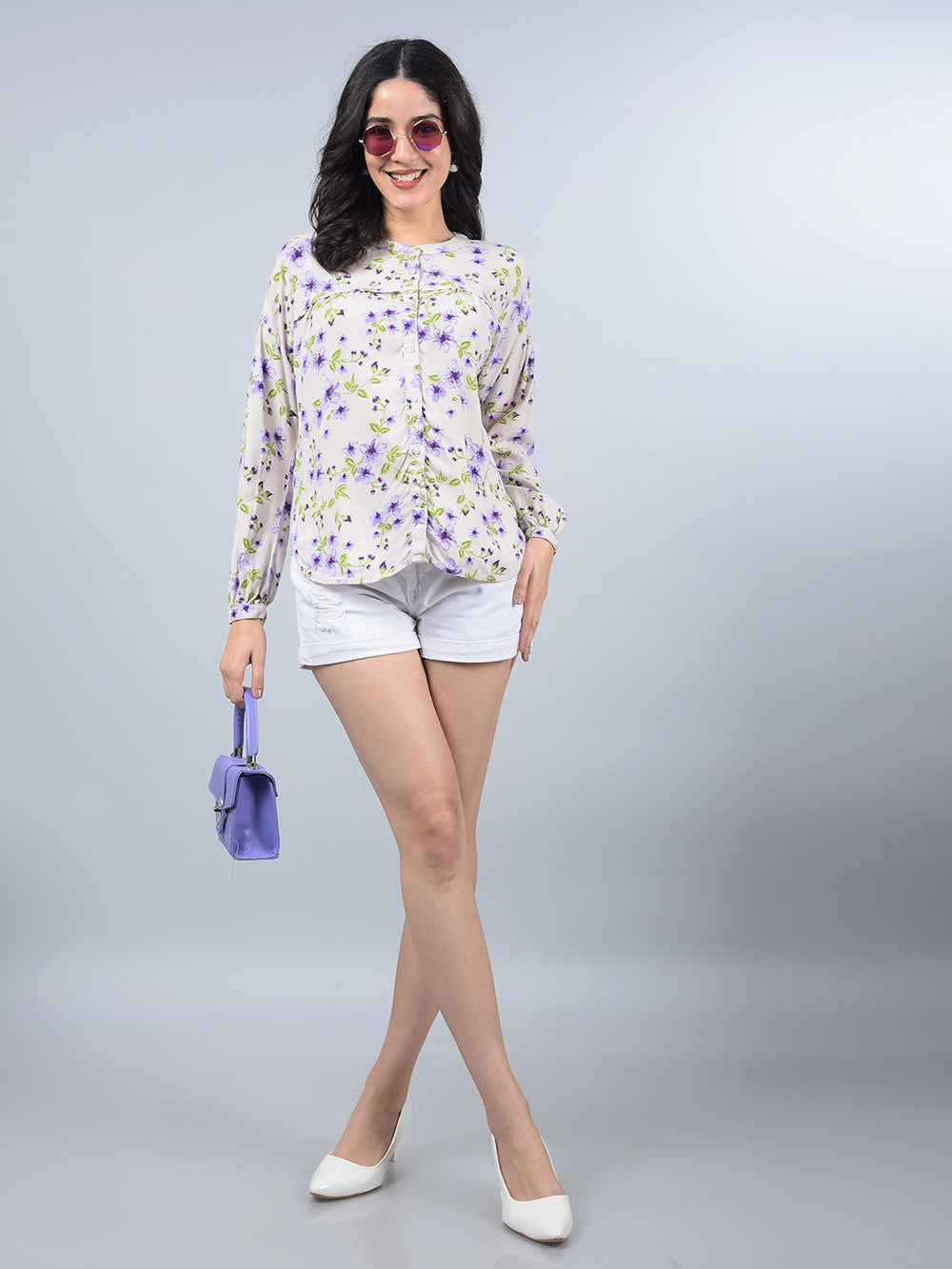 Purple Floral Print Band Collar Shirt-Women Shirts-Crimsoune Club