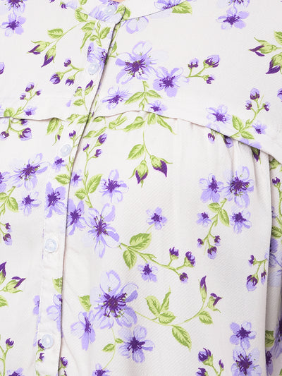 Purple Floral Print Band Collar Shirt-Women Shirts-Crimsoune Club