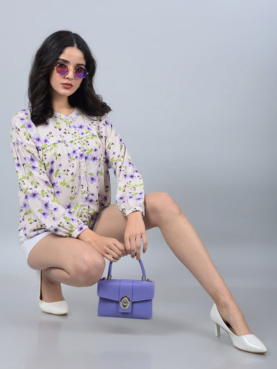 Purple Floral Print Band Collar Shirt-Women Shirts-Crimsoune Club