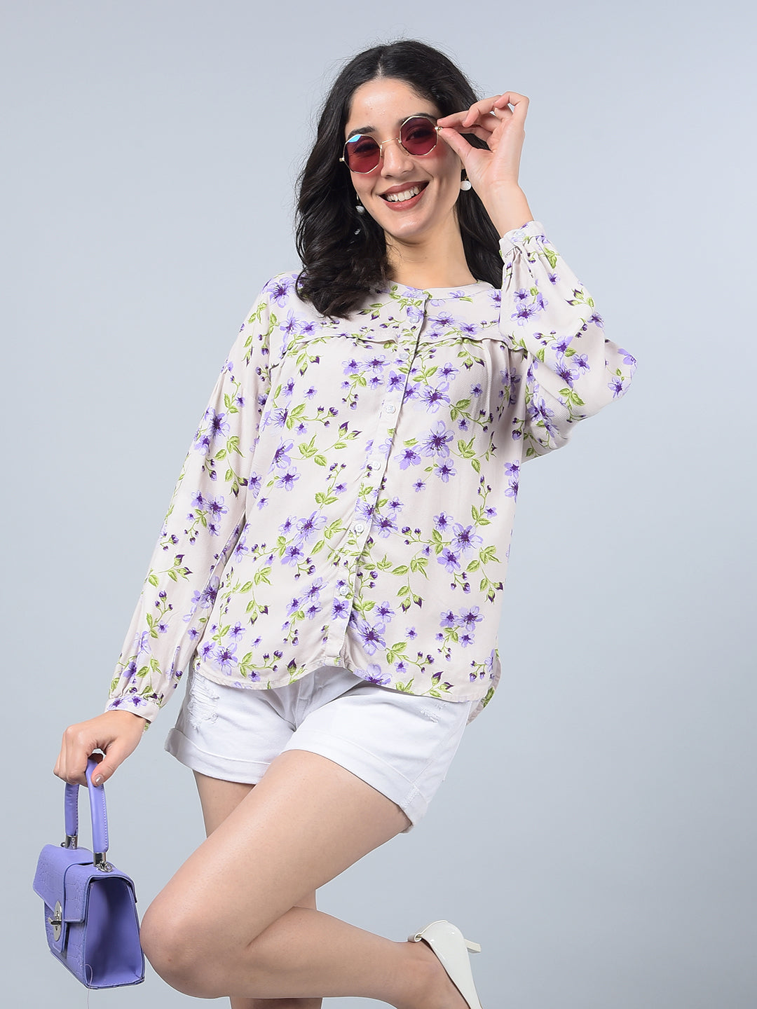 Purple Floral Print Band Collar Shirt-Women Shirts-Crimsoune Club