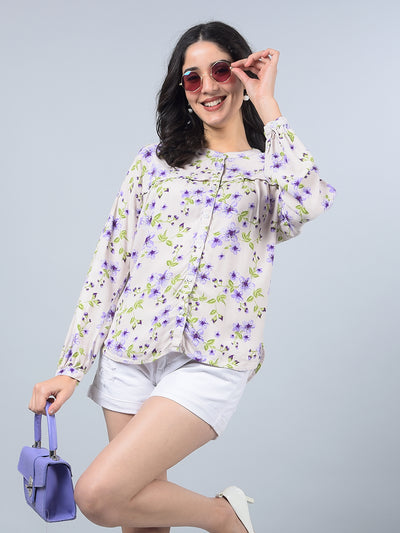 Purple Floral Print Band Collar Shirt-Women Shirts-Crimsoune Club