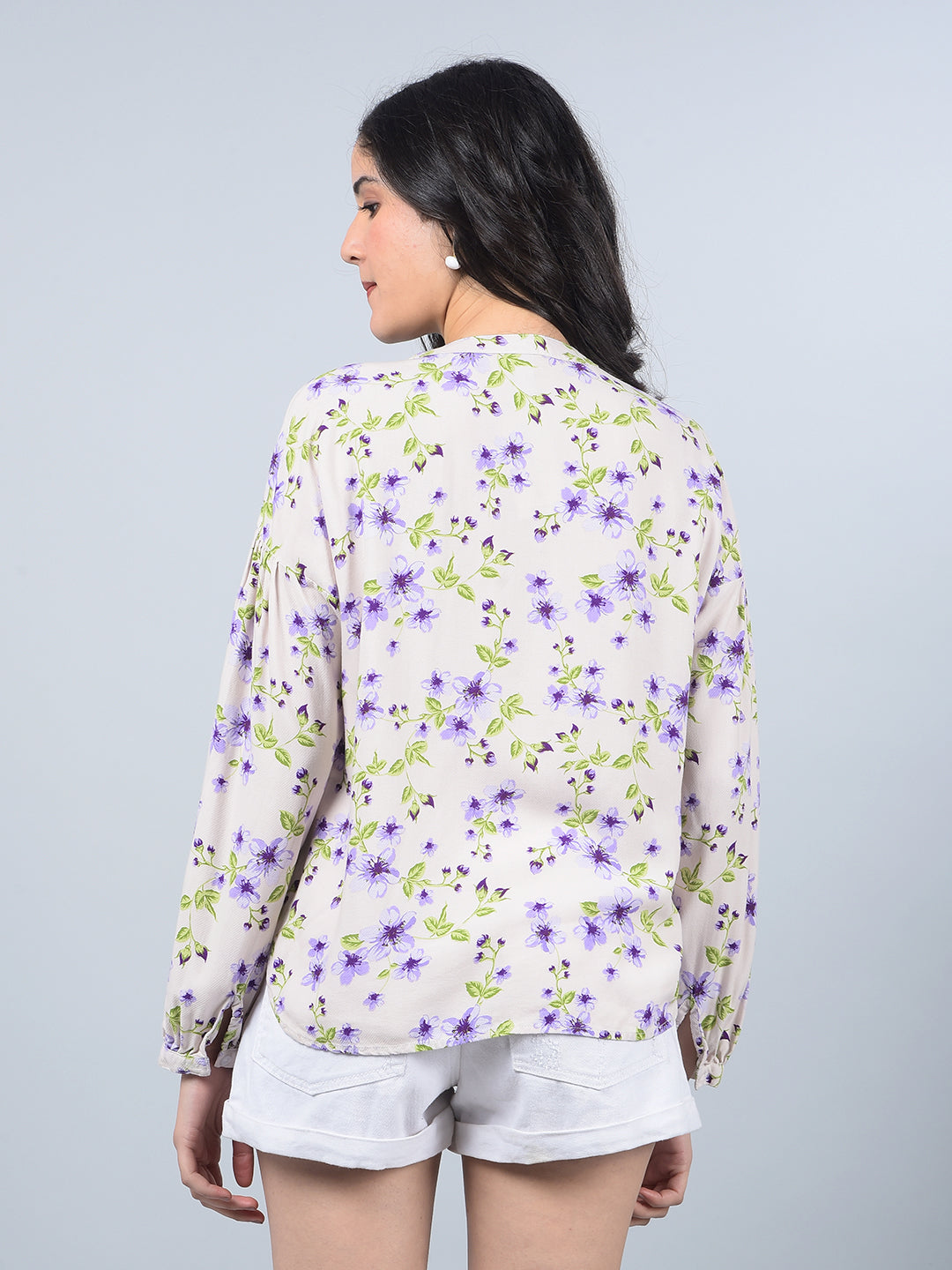 Purple Floral Print Band Collar Shirt-Women Shirts-Crimsoune Club