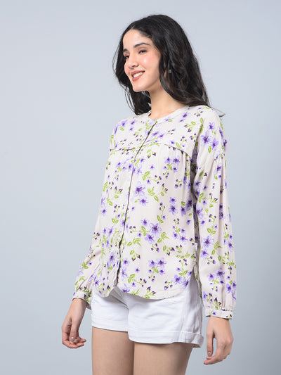Purple Floral Print Band Collar Shirt-Women Shirts-Crimsoune Club