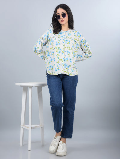 Blue Floral Print Band Collar Shirt-Women Shirts-Crimsoune Club