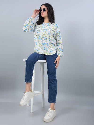 Blue Floral Print Band Collar Shirt-Women Shirts-Crimsoune Club
