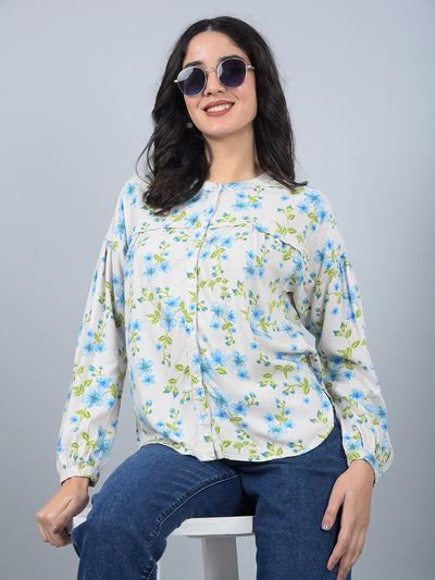 Blue Floral Print Band Collar Shirt-Women Shirts-Crimsoune Club