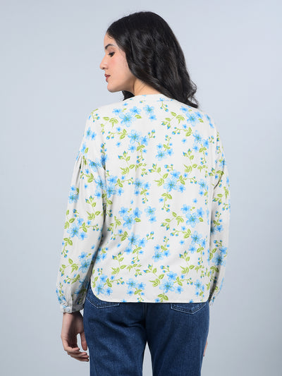 Blue Floral Print Band Collar Shirt-Women Shirts-Crimsoune Club