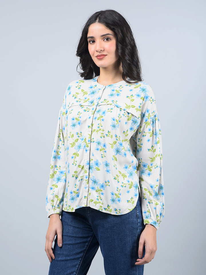 Blue Floral Print Band Collar Shirt-Women Shirts-Crimsoune Club