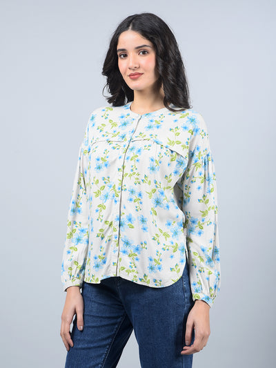 Blue Floral Print Band Collar Shirt-Women Shirts-Crimsoune Club