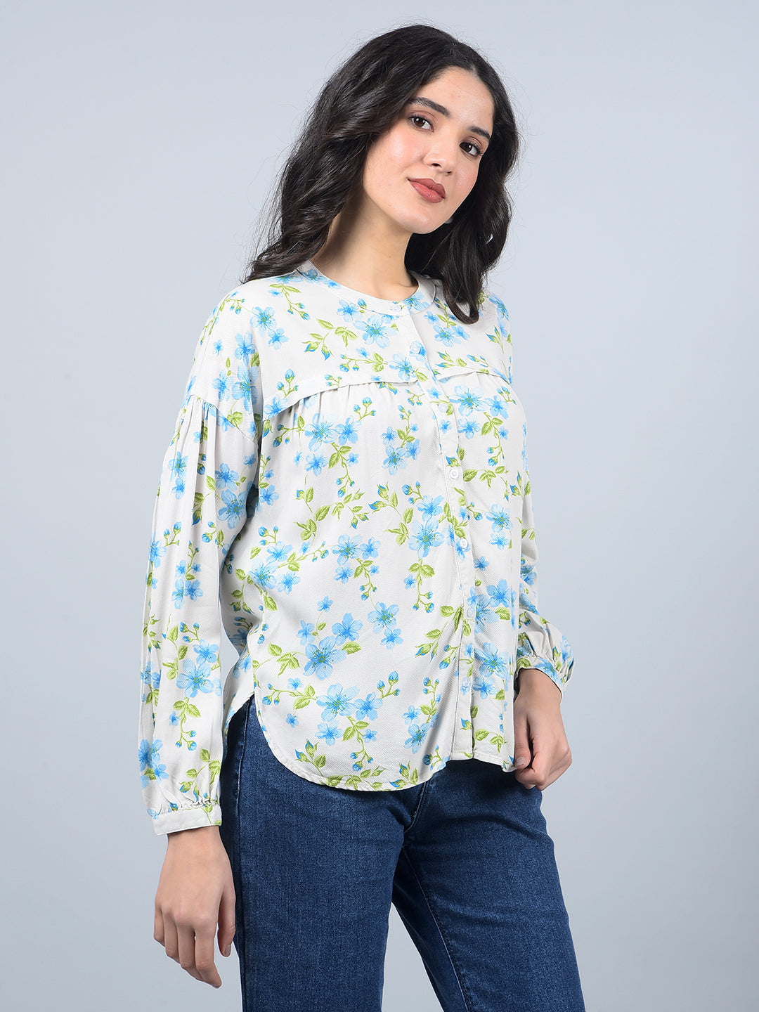 Blue Floral Print Band Collar Shirt-Women Shirts-Crimsoune Club
