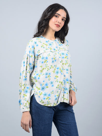 Blue Floral Print Band Collar Shirt-Women Shirts-Crimsoune Club