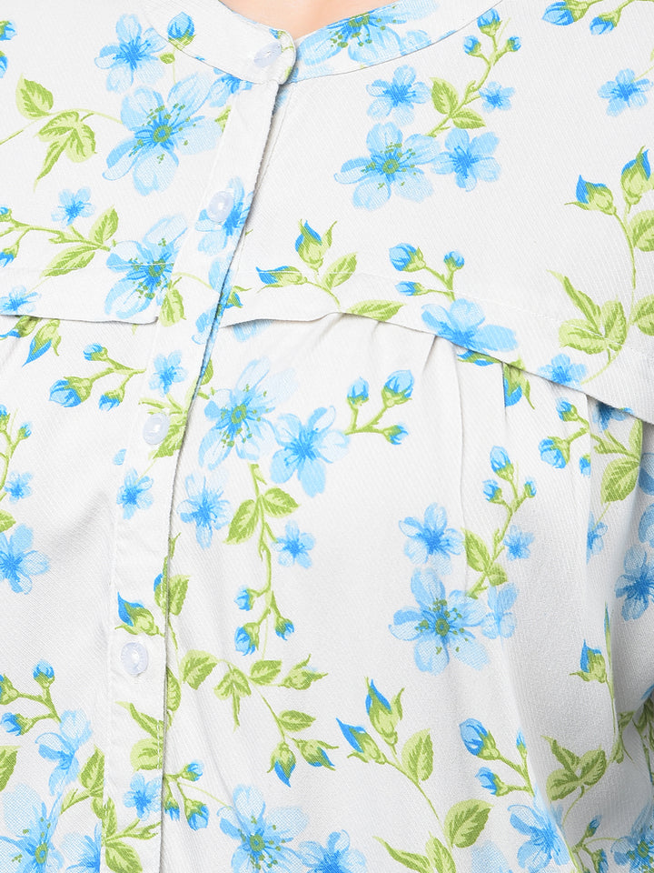 Blue Floral Print Band Collar Shirt-Women Shirts-Crimsoune Club