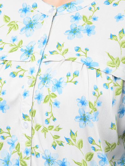 Blue Floral Print Band Collar Shirt-Women Shirts-Crimsoune Club