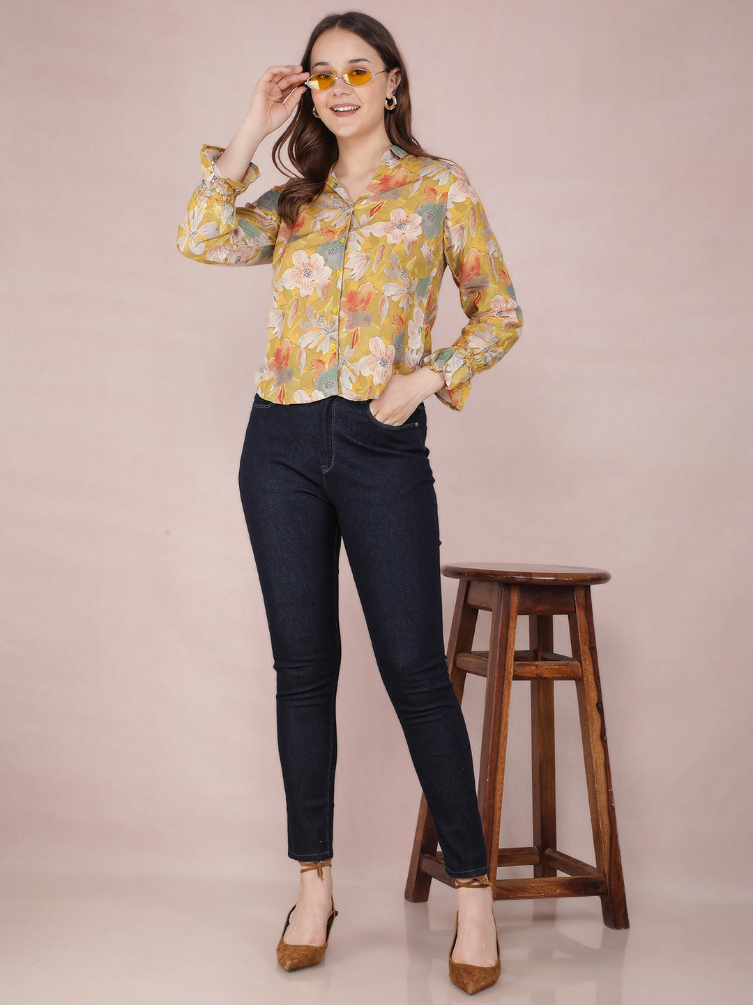 Mustard Floral Print Shirt-Women Shirts-Crimsoune Club