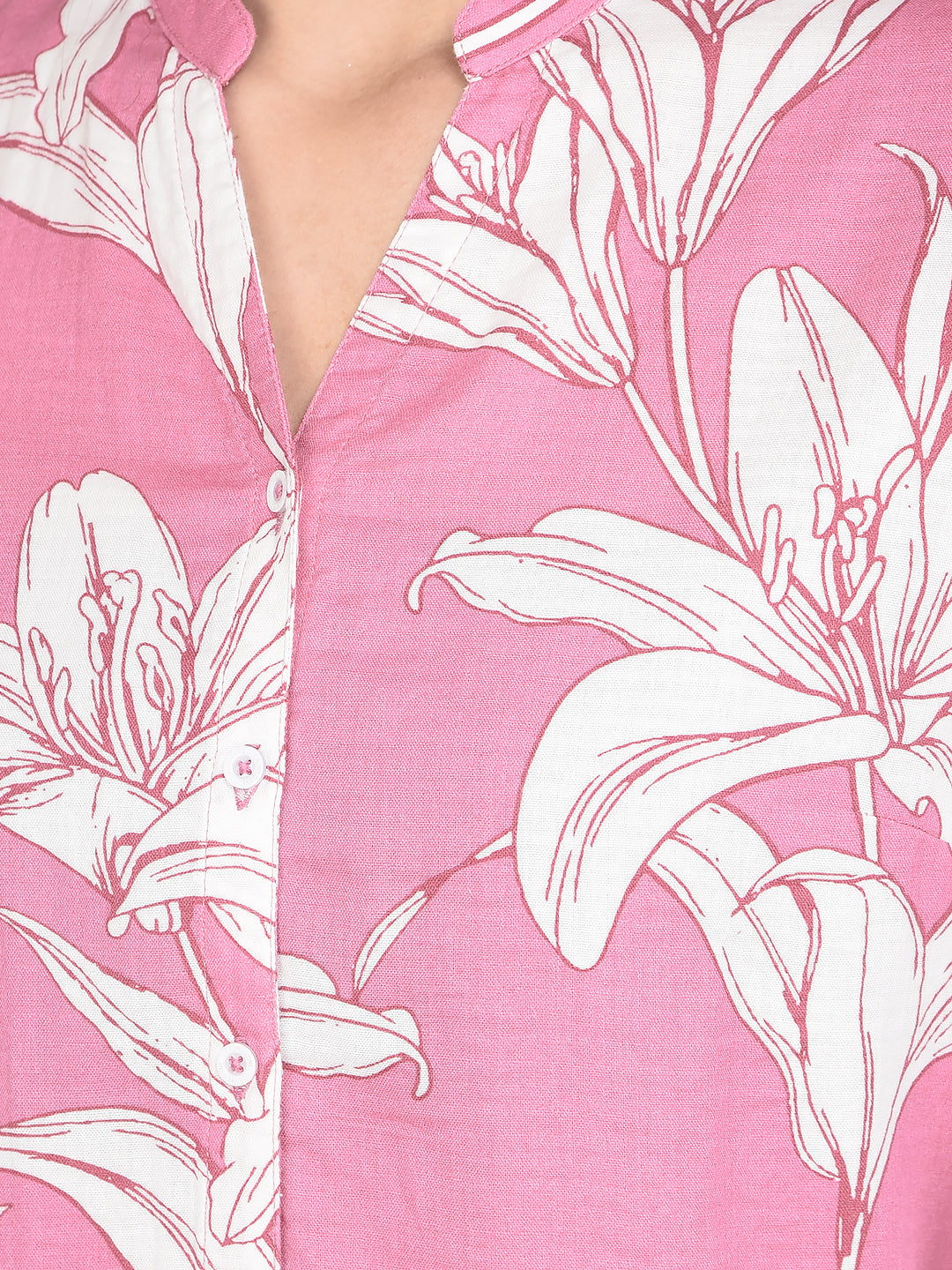 Pink Floral Print 100% Cotton V-Neck Shirt-Women Shirts-Crimsoune Club
