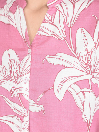 Pink Floral Print 100% Cotton V-Neck Shirt-Women Shirts-Crimsoune Club