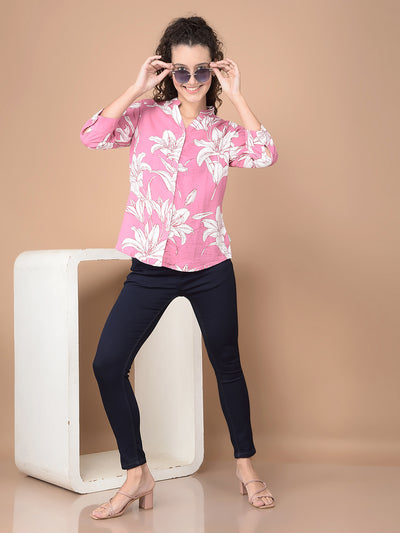 Pink Floral Print 100% Cotton V-Neck Shirt-Women Shirts-Crimsoune Club
