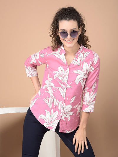 Pink Floral Print 100% Cotton V-Neck Shirt-Women Shirts-Crimsoune Club
